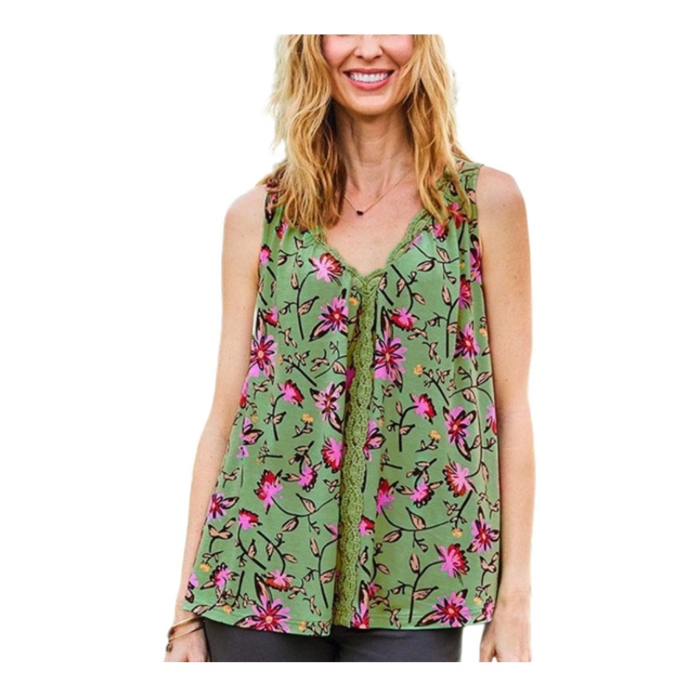 Matilda Jane Weekend Away Green Floral Print Flowy Swing Silhouette Tank Top - Picture 2 of 10